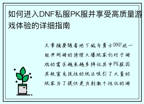 如何进入DNF私服PK服并享受高质量游戏体验的详细指南