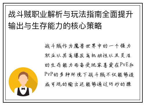 战斗贼职业解析与玩法指南全面提升输出与生存能力的核心策略