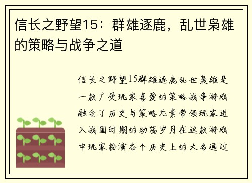信长之野望15：群雄逐鹿，乱世枭雄的策略与战争之道